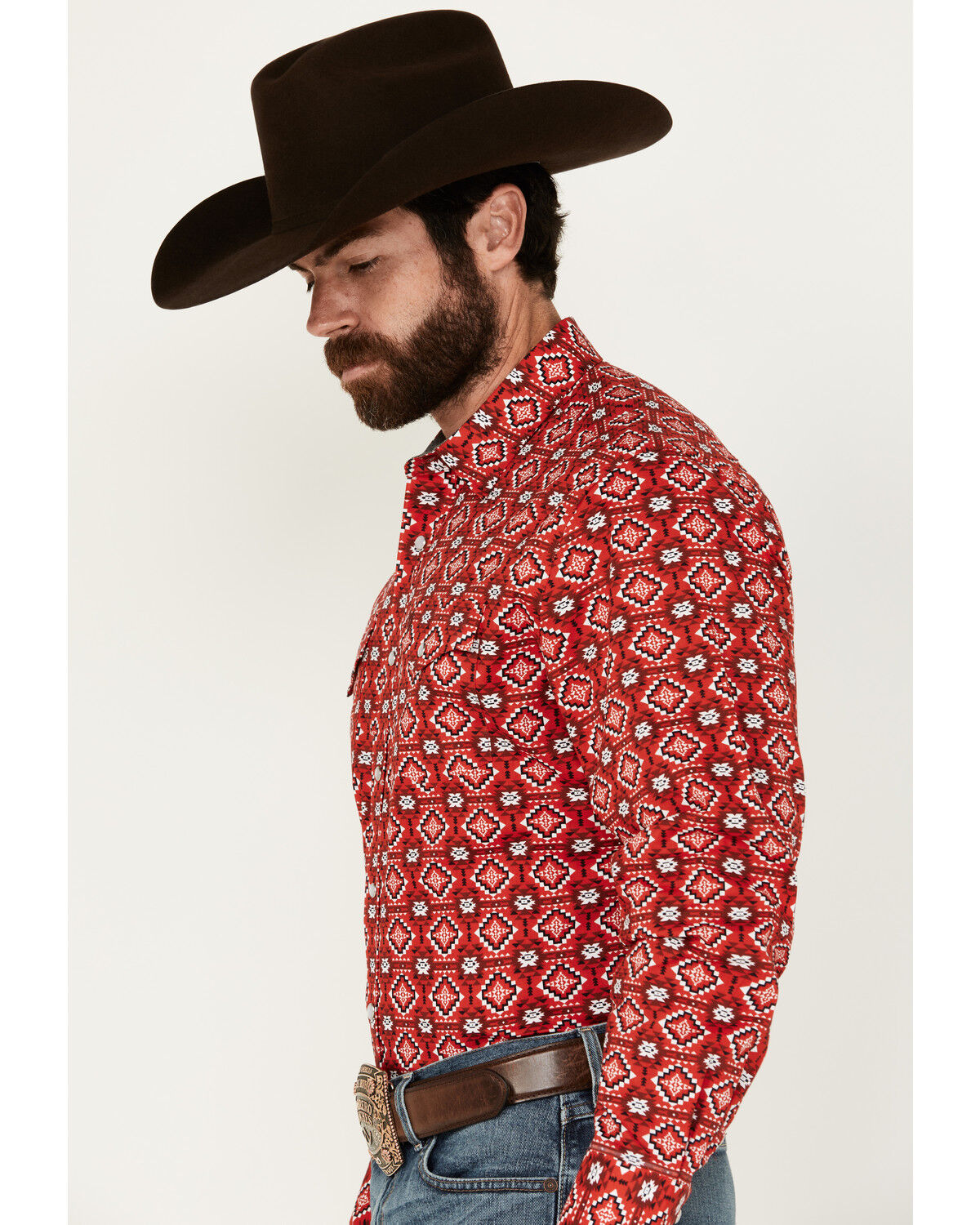 Image #3 - Rodeo Clothing Men's Southwestern Print Long Sleeve Pearl Snap Stretch Western Shirt, Red, hi-res