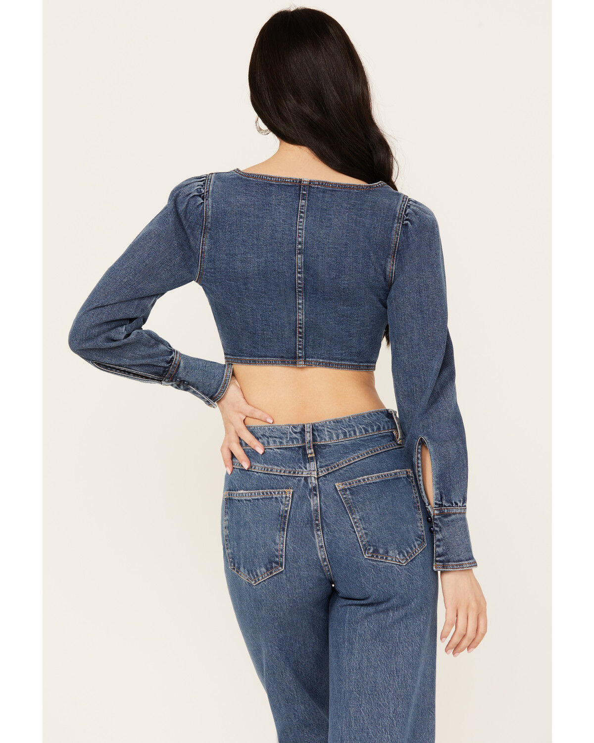 Image #5 - Shyanne Women's Medium Wash Denim Cropped Long Sleeve Corset Top, Dark Medium Wash, hi-res