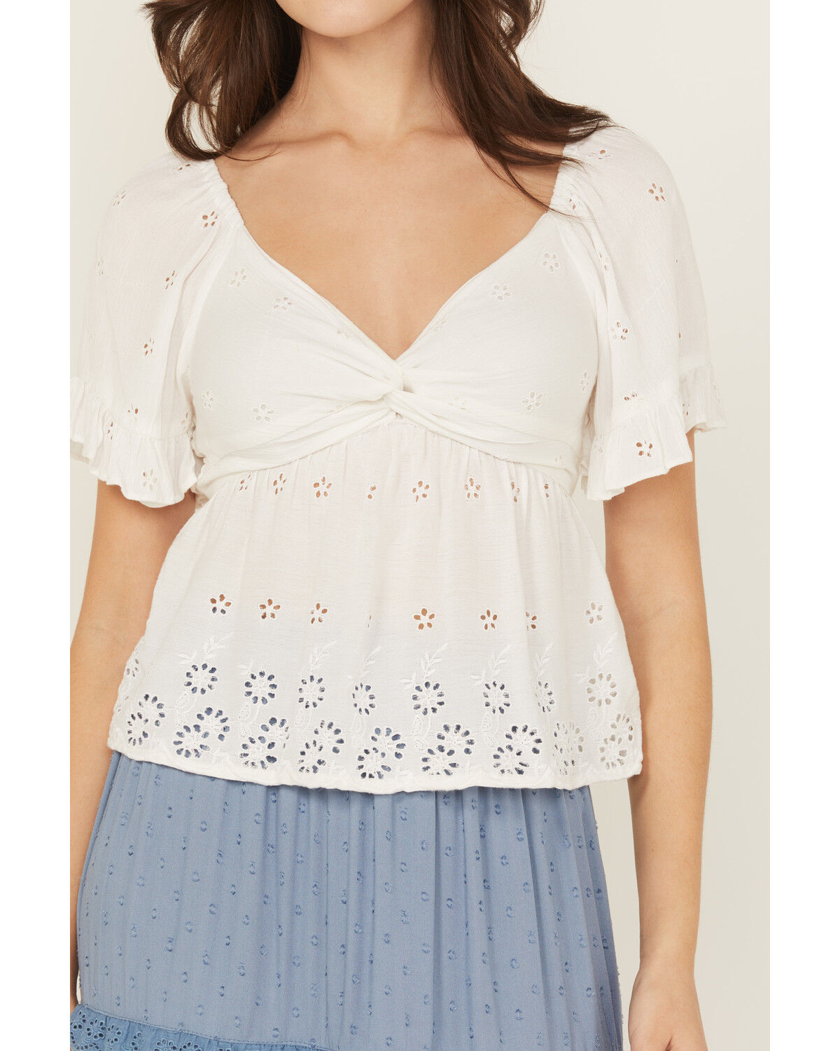 Image #3 - Angie Women's Eyelet Short Puff Sleeve Shirt, White, hi-res