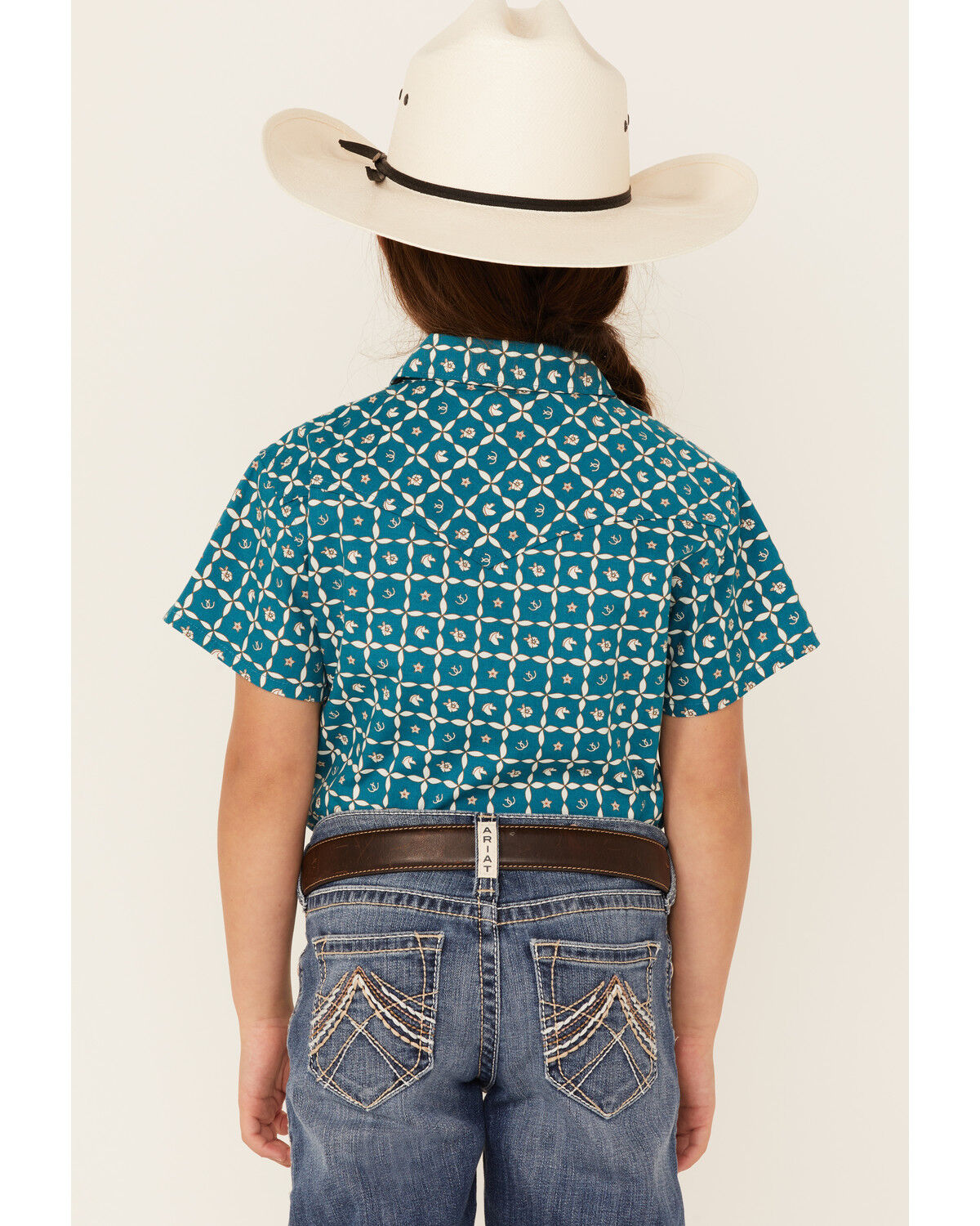 Image #3 - RANK 45® Girls' Floral Horse Print Short Sleeve Pearl Snap Rodeo Shirt, Teal, hi-res