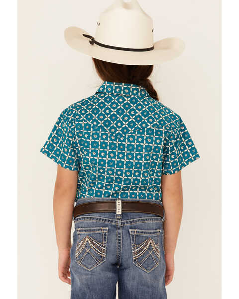 Image #3 - RANK 45® Girls' Floral Horse Print Short Sleeve Pearl Snap Rodeo Shirt , Teal, hi-res