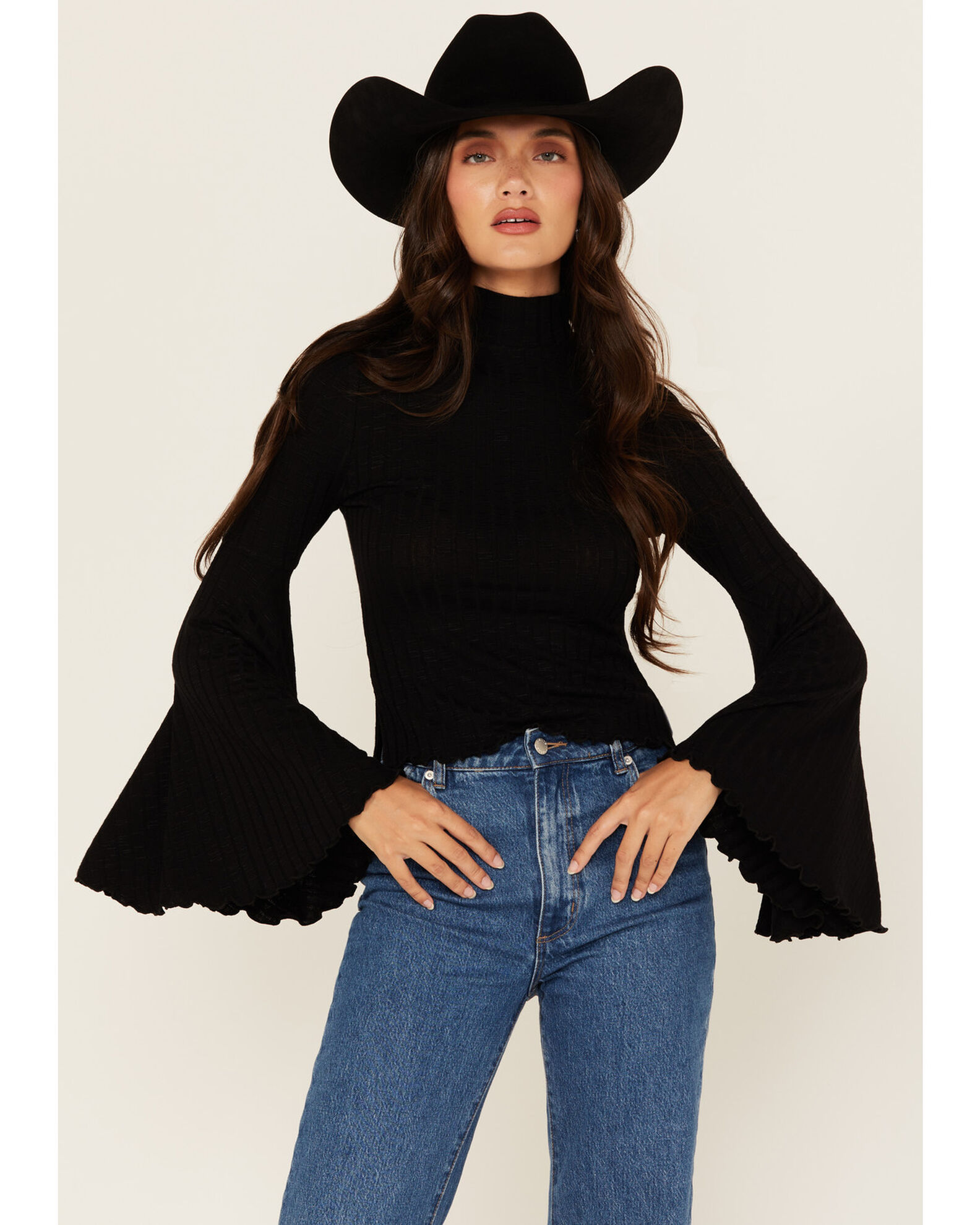 Product Name: Shyanne Women's Mock Neck Long Bell Sleeve Top