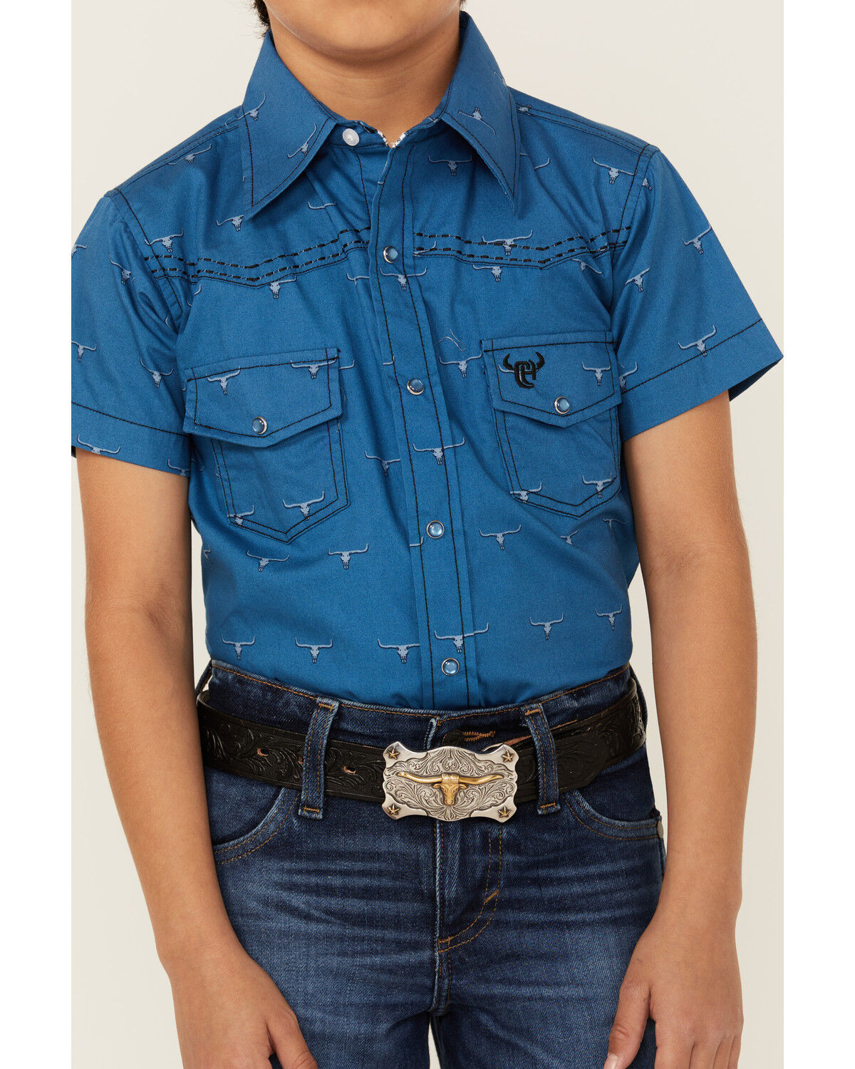 Image #3 - Cowboy Hardware Boys' Steerhead Print Short Sleeve Snap Western Shirt, Blue, hi-res