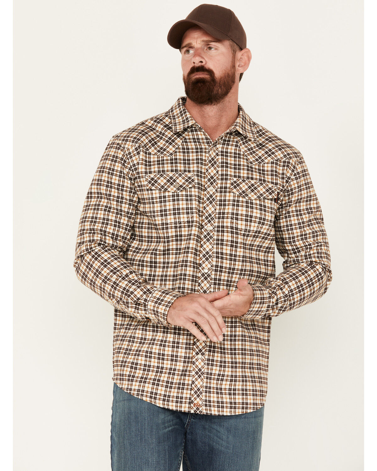 Image #1 - Cody James Men's FR Midweight Plaid Print Long Sleeve Pearl Snap Work Shirt, Rust Copper, hi-res