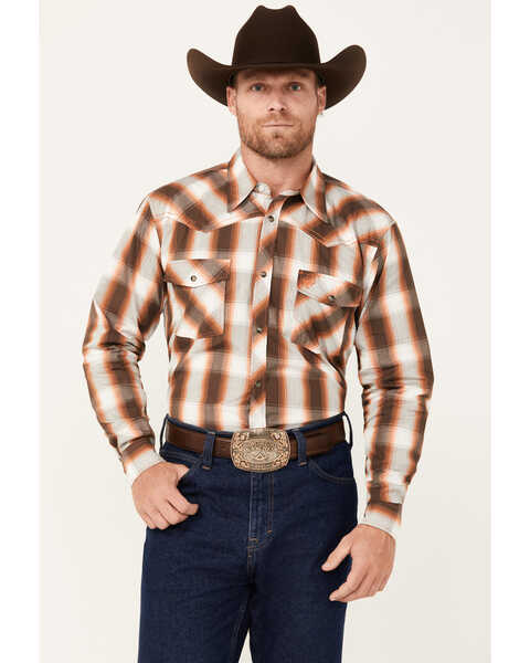Cowboy Hardware Men's Hombre Plaid Print Long Sleeve Snap Western Shirt, Brown, hi-res