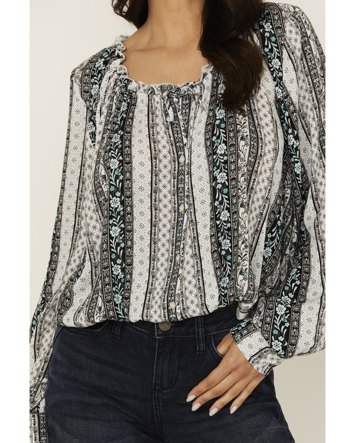 Image #3 - Wild Moss Women's Floral Striped Print Long Sleeve Peasant Shirt, Teal, hi-res