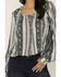Image #3 - Wild Moss Women's Floral Striped Print Long Sleeve Peasant Shirt, Teal, hi-res