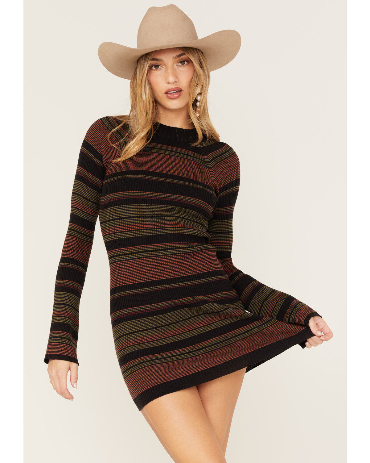 Image #1 - Shyanne Women's Stripe Ribbed Sweater Mini Dress, Black, hi-res