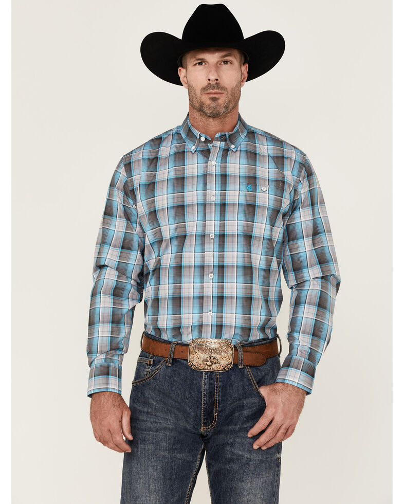 Rodeo Clothing Men's Plain Turquiose Plaid Long Sleeve Button-Down Western Shirt , Turquoise, hi-res