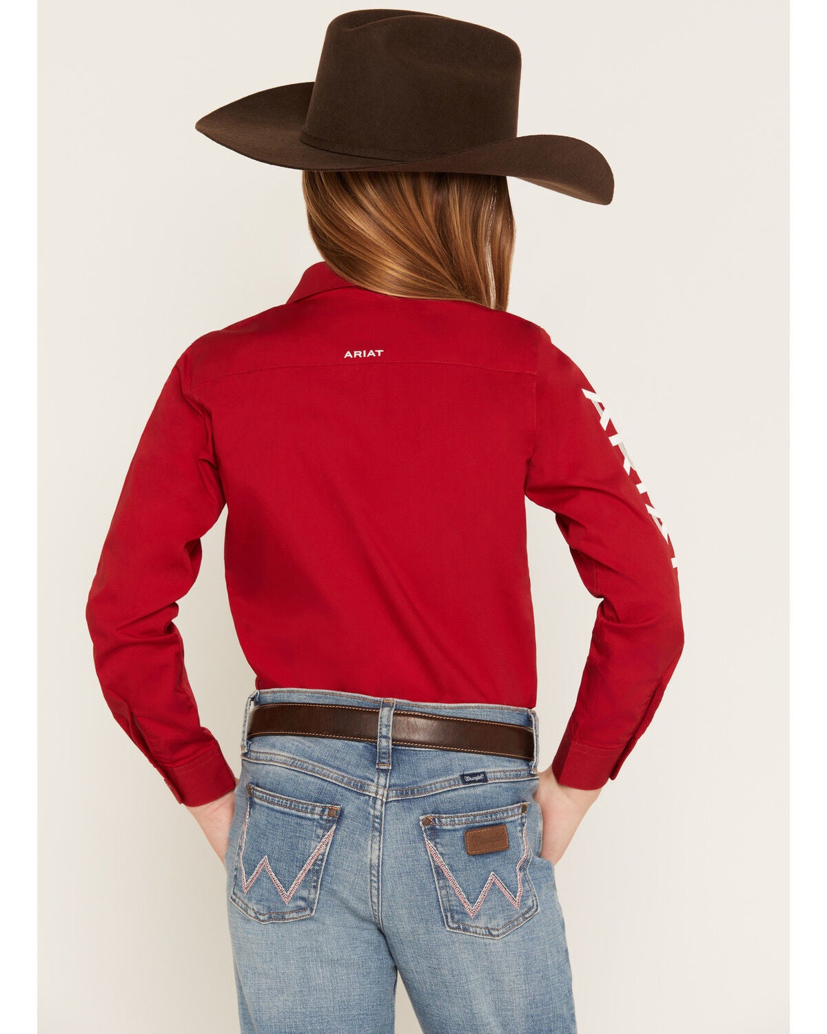 Image #4 - Ariat Girls' Team Kirby Logo Long Sleeve Button-Down Stretch Western Shirt, Red, hi-res