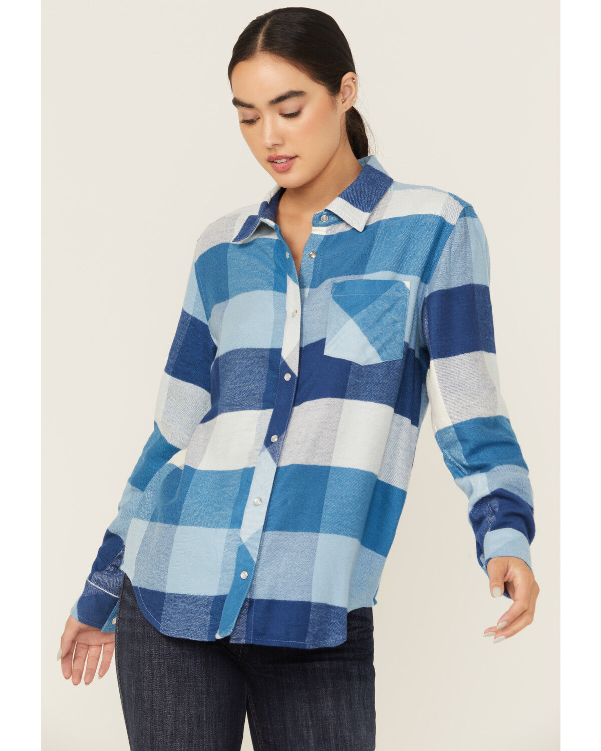 Image #1 - Idyllwind Women's Plaid Print Long Sleeve Snap Flannel Shirt, Light Blue, hi-res