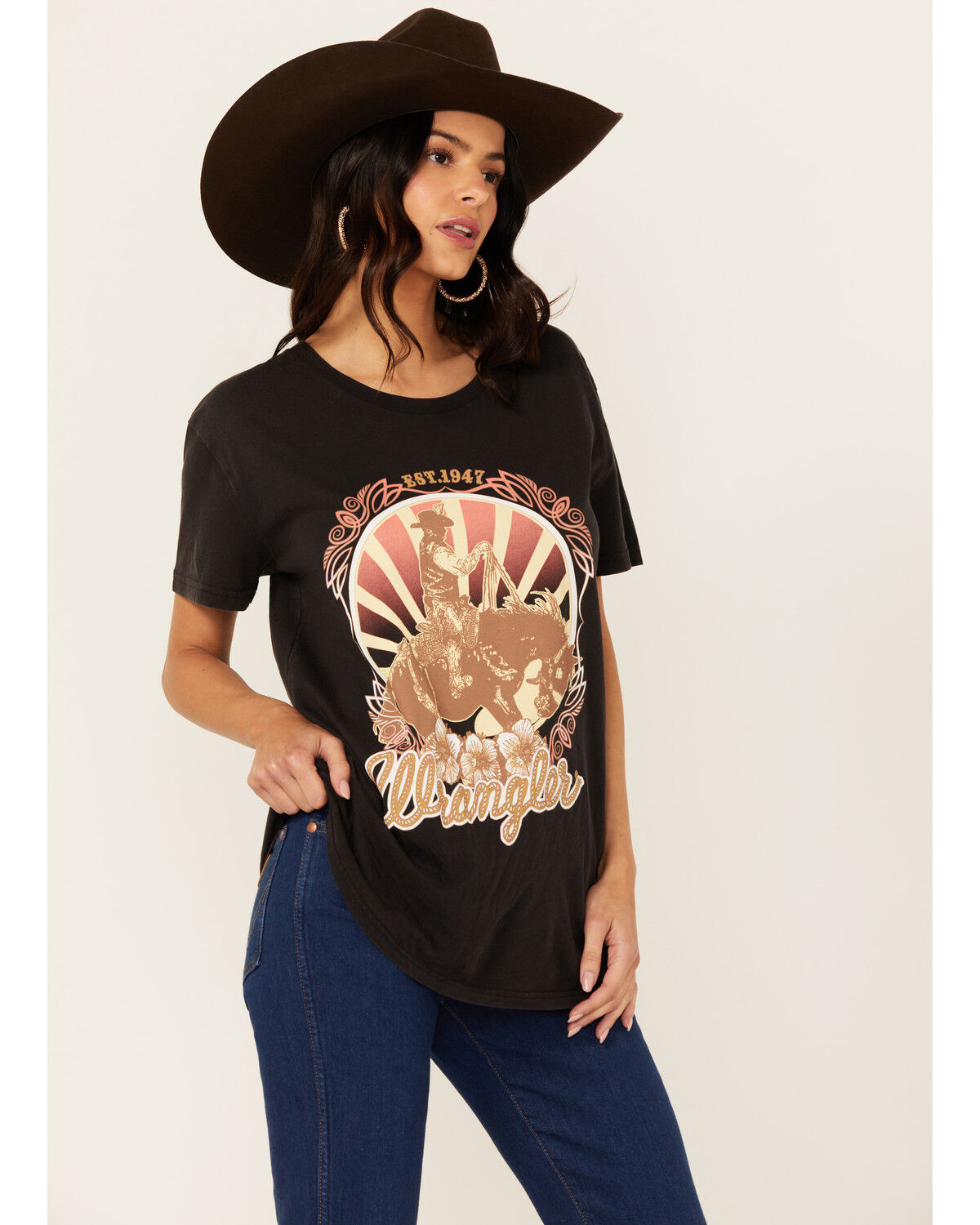 Image #2 - Wrangler Women's Boot Barn Exclusive Cowboy Logo Boyfriend Fit Short Sleeve Graphic Tee, Black, hi-res