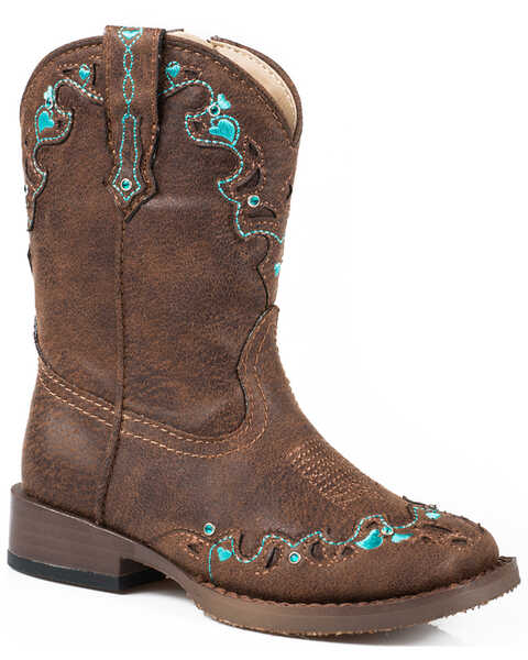 Image #1 - Roper Toddler Girls' Vintage Crystal Western Boots - Square Toe  , Brown, hi-res