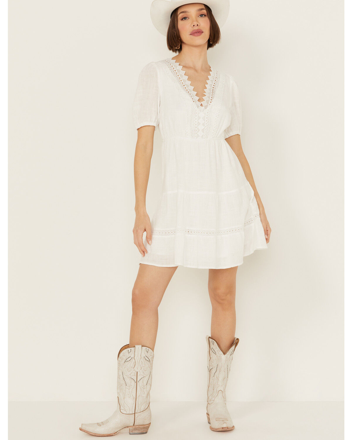 Image #1 - Yura Women's Lace Trim Short Sleeve Mini Dress, White, hi-res