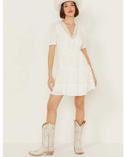 Yura Women's Lace Trim Short Sleeve Mini Dress , White, hi-res