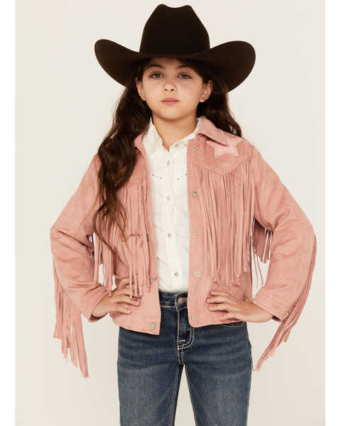 Fornia Girls' Star Patch Fringe Jacket , Light Pink, hi-res