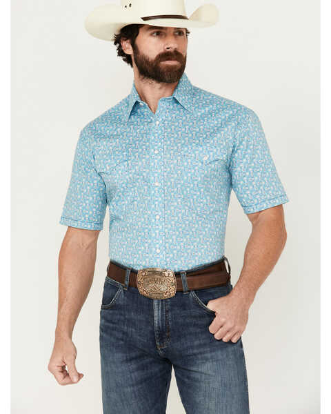 Image #1 - Panhandle Men's Southwestern Print Short Sleeve Pearl Snap Stretch Western Shirt , Aqua, hi-res