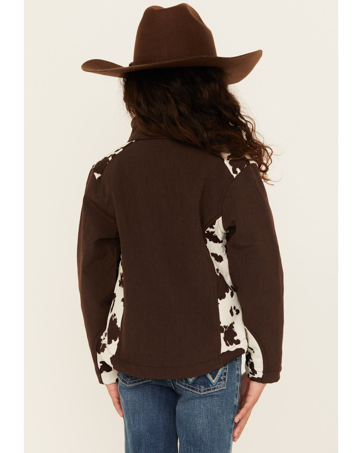 Image #4 - Cowgirl Hardware Girls Cow Print Softshell Jacket, Chocolate, hi-res