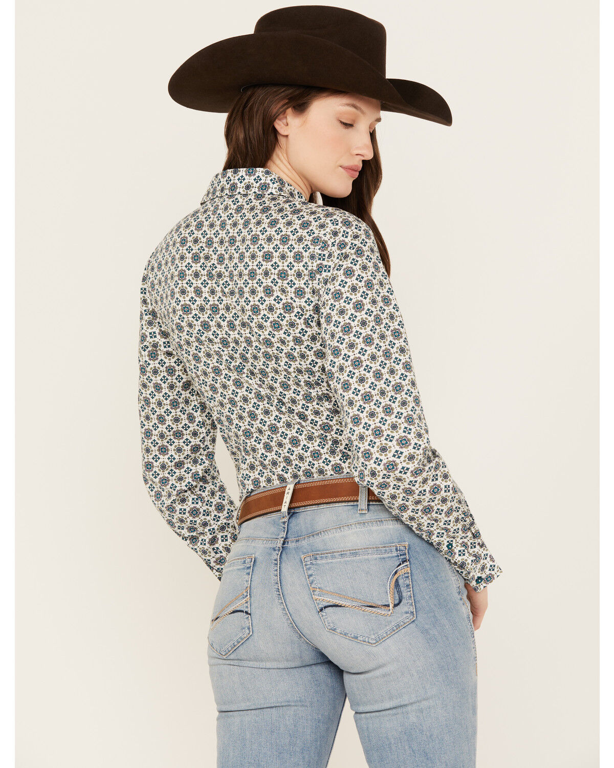 Image #4 - Cinch Women's Geo Print Long Sleeve Button Down Western Shirt, Cream, hi-res