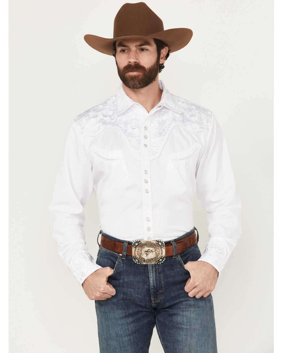 Image #1 - Scully Men's Embroidered Gunfighter Long Sleeve Pearl Snap Western Shirt, White, hi-res