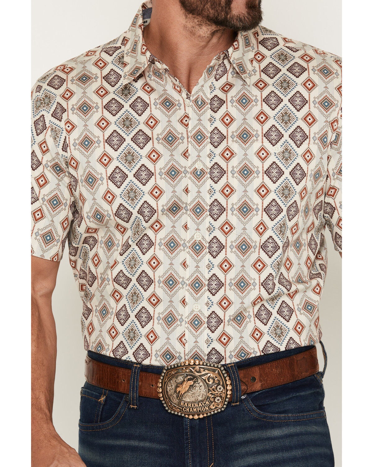Image #3 - RANK 45&reg; Men's Amarillo Geo Print Short Sleeve Button-Down Stretch Western Shirt, Cream, hi-res
