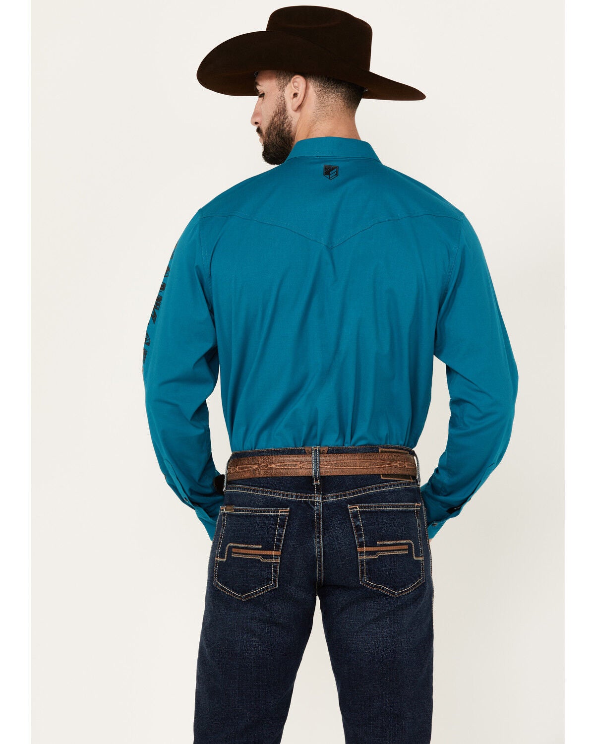 Image #4 - RANK 45&reg; Men's Solid Logo Long Sleeve Performance Stretch Western Shirt, Teal, hi-res