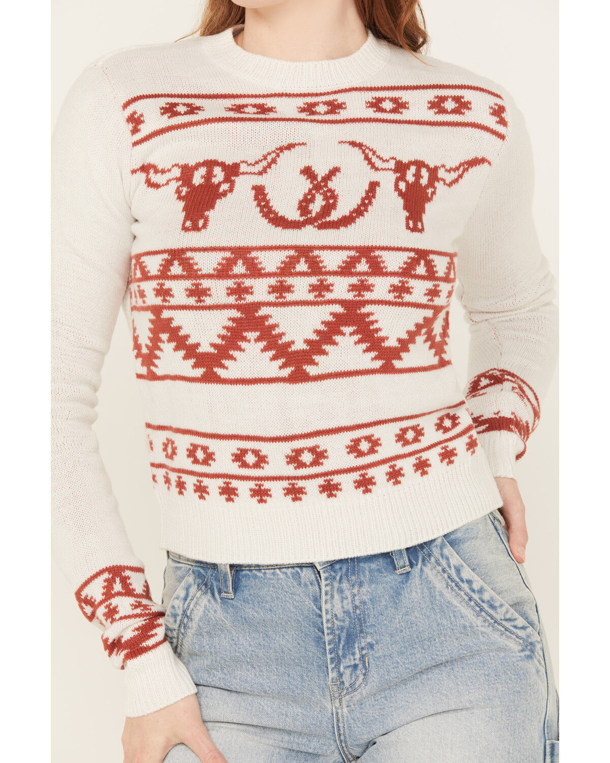 Image #3 - Wrangler Retro Women's Longhorn Horseshoe Long Sleeve Sweater, White, hi-res