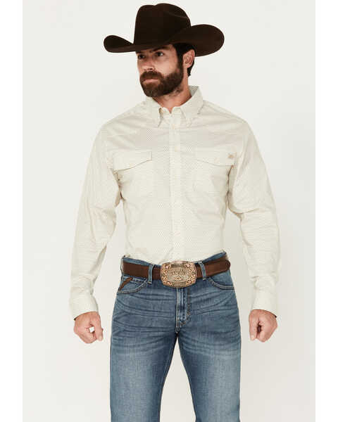 Justin Men's Boot Barn Exclusive Geo Print JustFlex Long Sleeve Button-Down Western Shirt, Cream, hi-res
