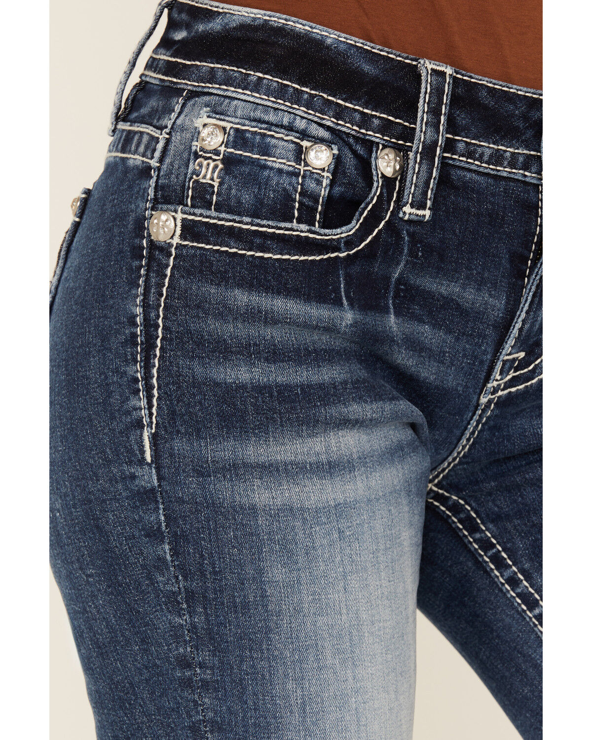 Image #4 - Miss Me Women's Medium Wash Mid Rise Cowhide Steer Head Pocket Bootcut Stretch Denim Jeans, Medium Wash, hi-res