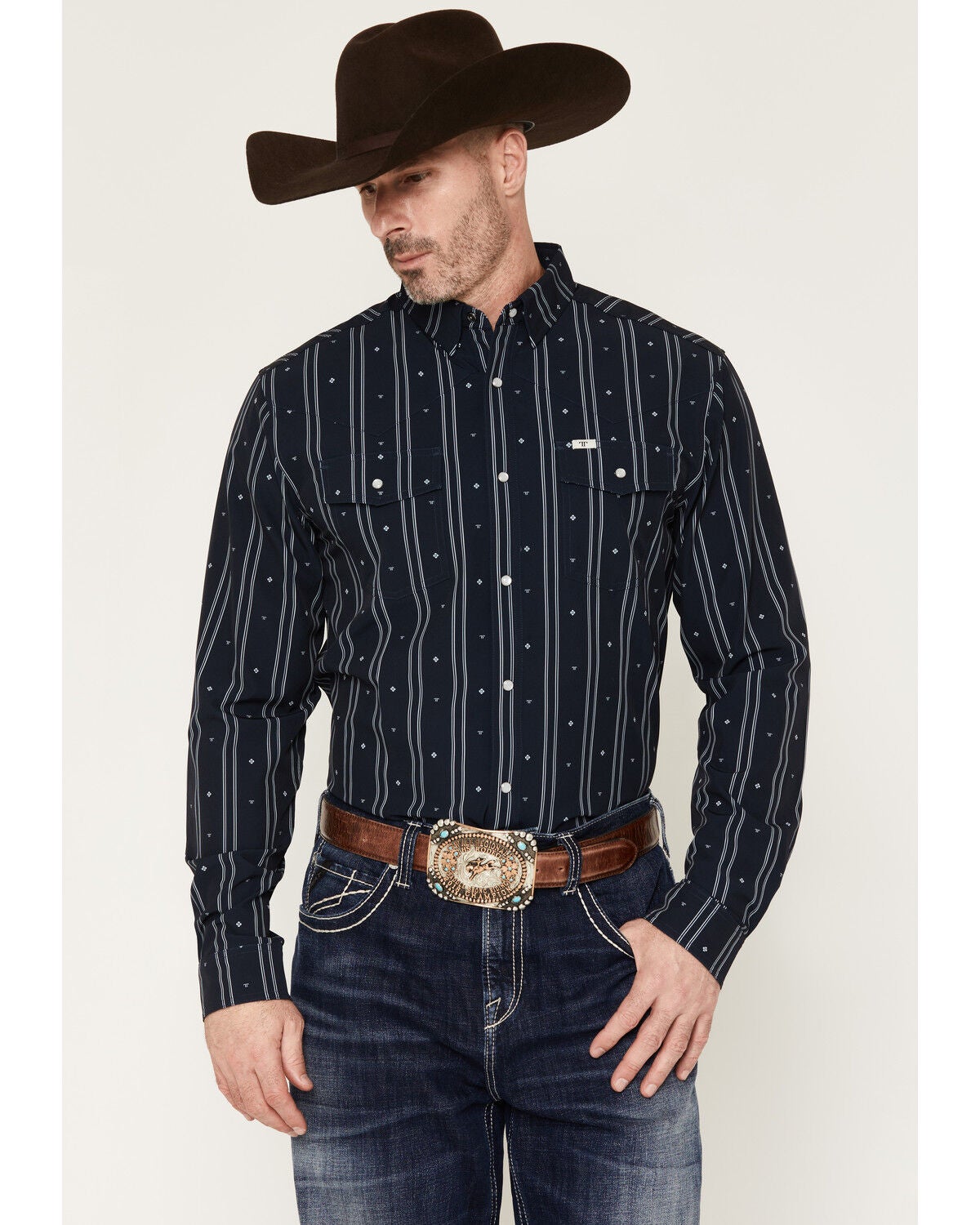 Image #1 - Ferrell Men's Chance Striped Print Long Sleeve Snap Stretch Western Shirt, Navy, hi-res