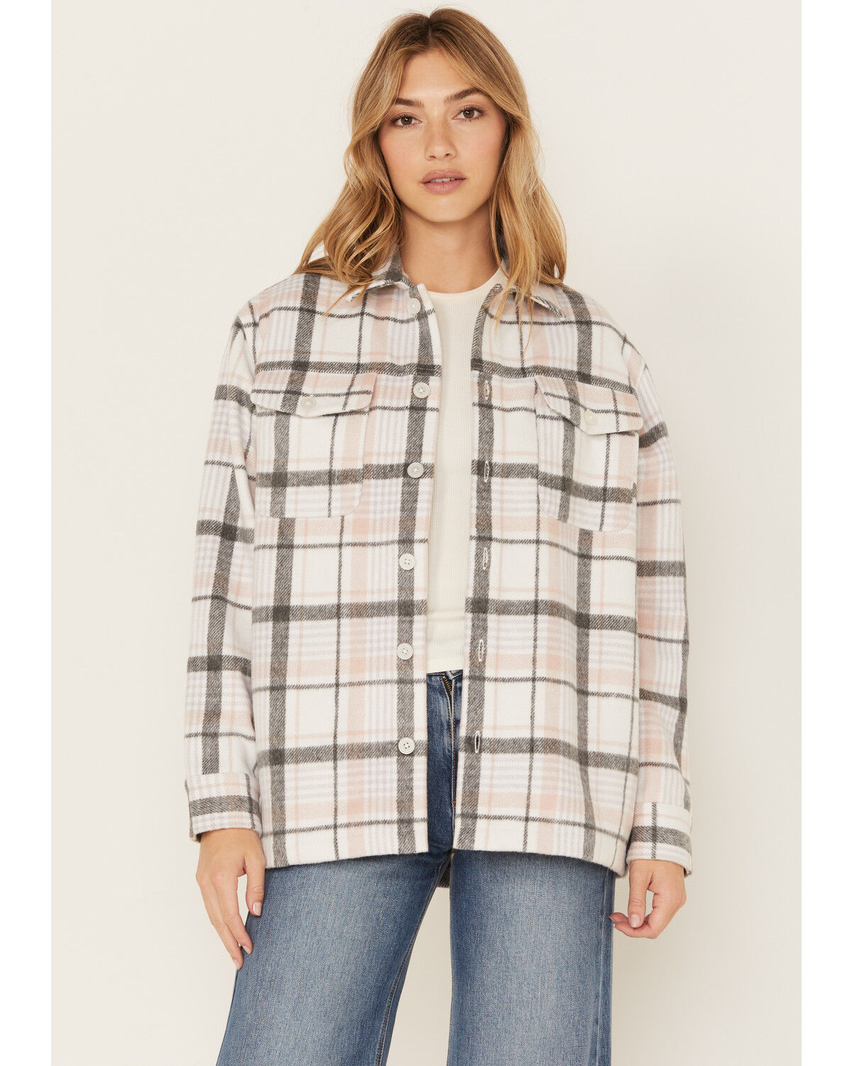 Image #1 - Cleo + Wolf Women's Plaid Print Shacket, Ivory, hi-res