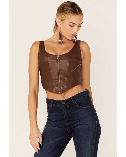Understated Leather Women's Leather Moto Bustier, Brown, hi-res