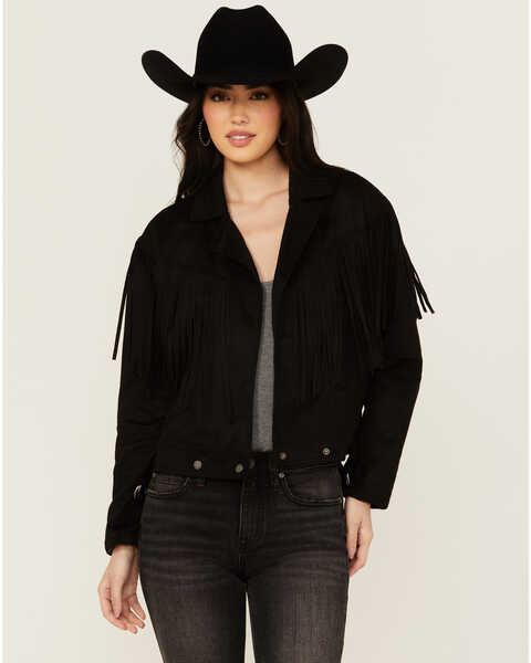 Fornia Women's Fringe Zip Moto Jacket, Black, hi-res