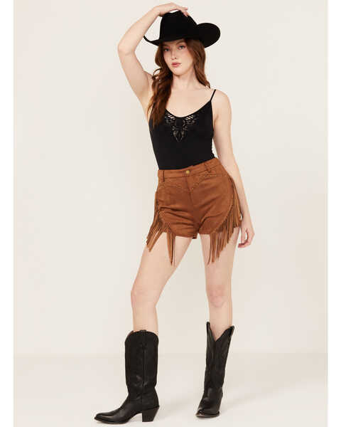 Image #1 - Blue B Women's Mid Rise Faux Suede Studded Fringe Shorts , Brown, hi-res