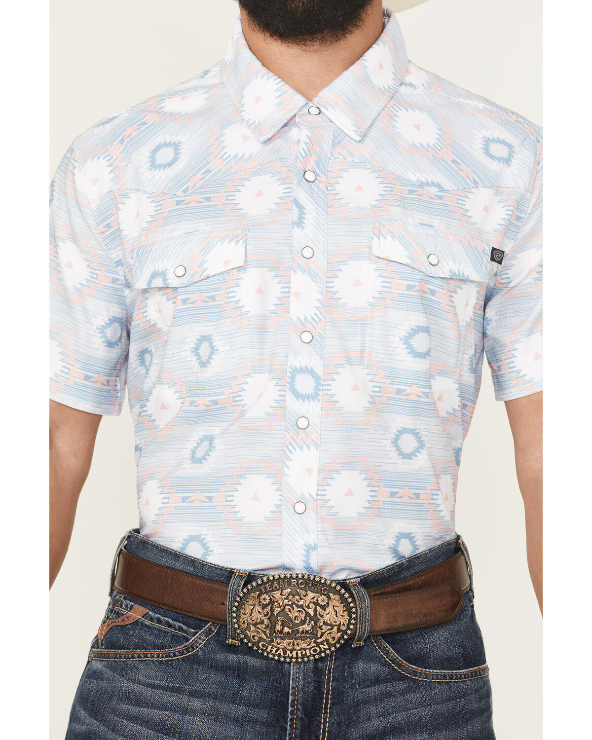 Image #3 - Rock & Roll Denim Men's Tek Southwestern Print Short Sleeve Snap Stretch Western Shirt, Light Blue, hi-res