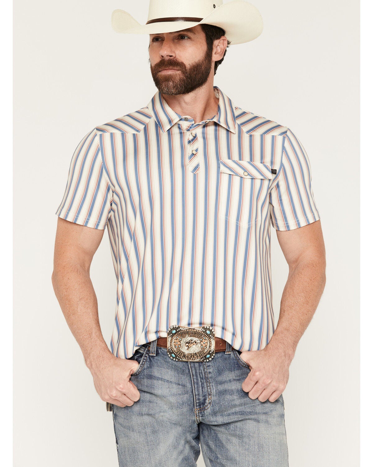 Image #1 - Rock & Roll Denim Men's Striped Short Sleeve Snap Western Polo, Natural, hi-res