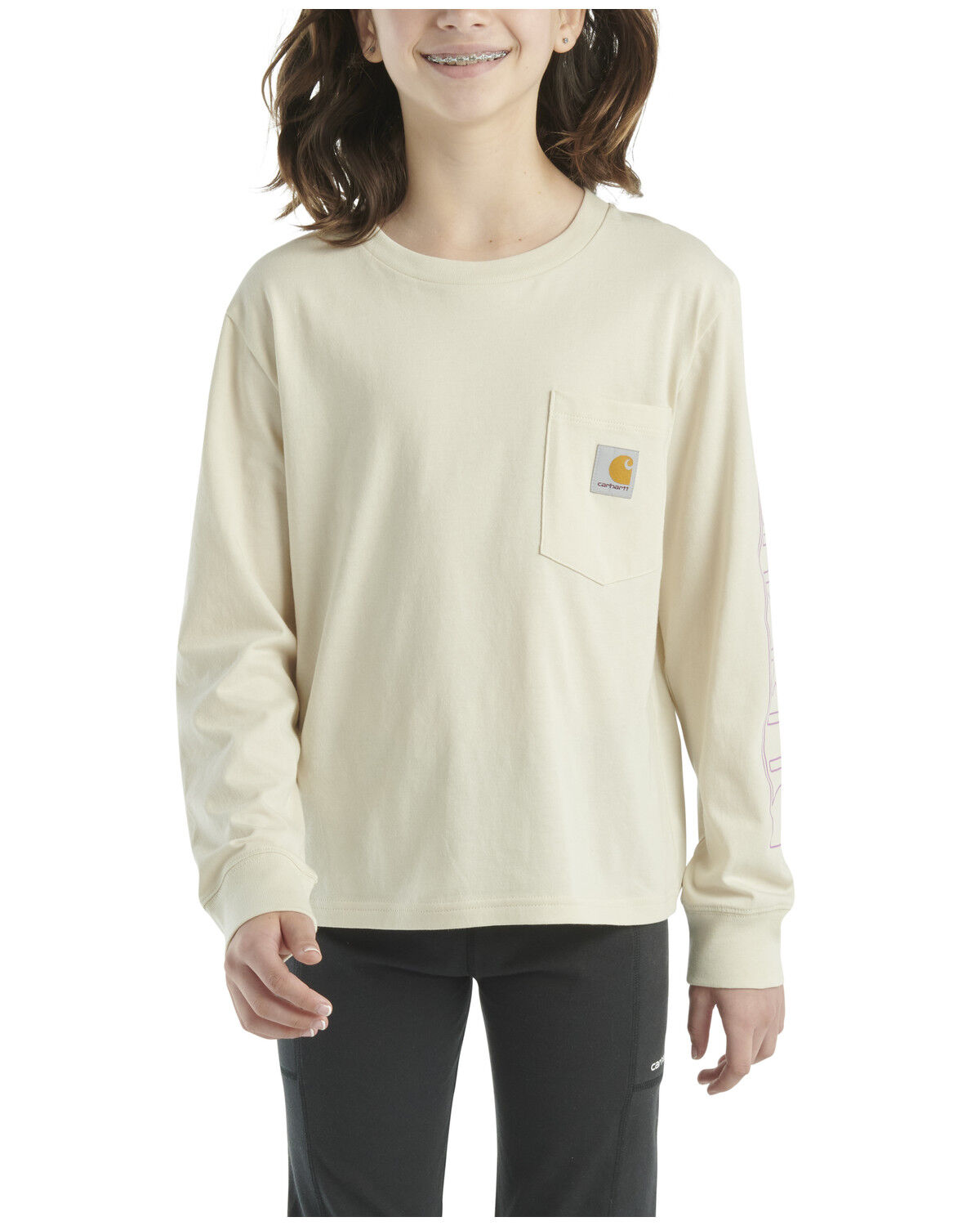 Image #2 - Carhartt Little Girls' Logo Long Sleeve Graphic Pocket Shirt, Cream, hi-res