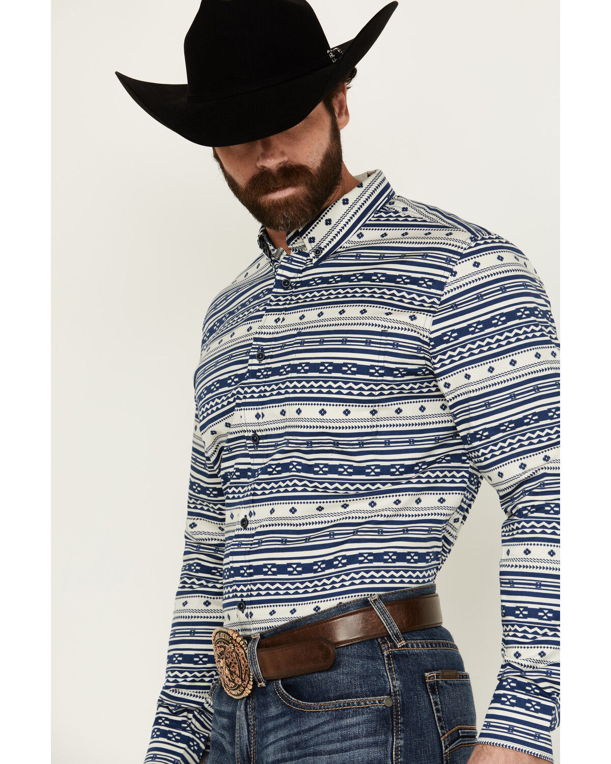 Image #2 - Cody James Men's Falcon Southwestern Striped Print Long Sleeve Button-Down Stretch Western Shirt, Blue, hi-res