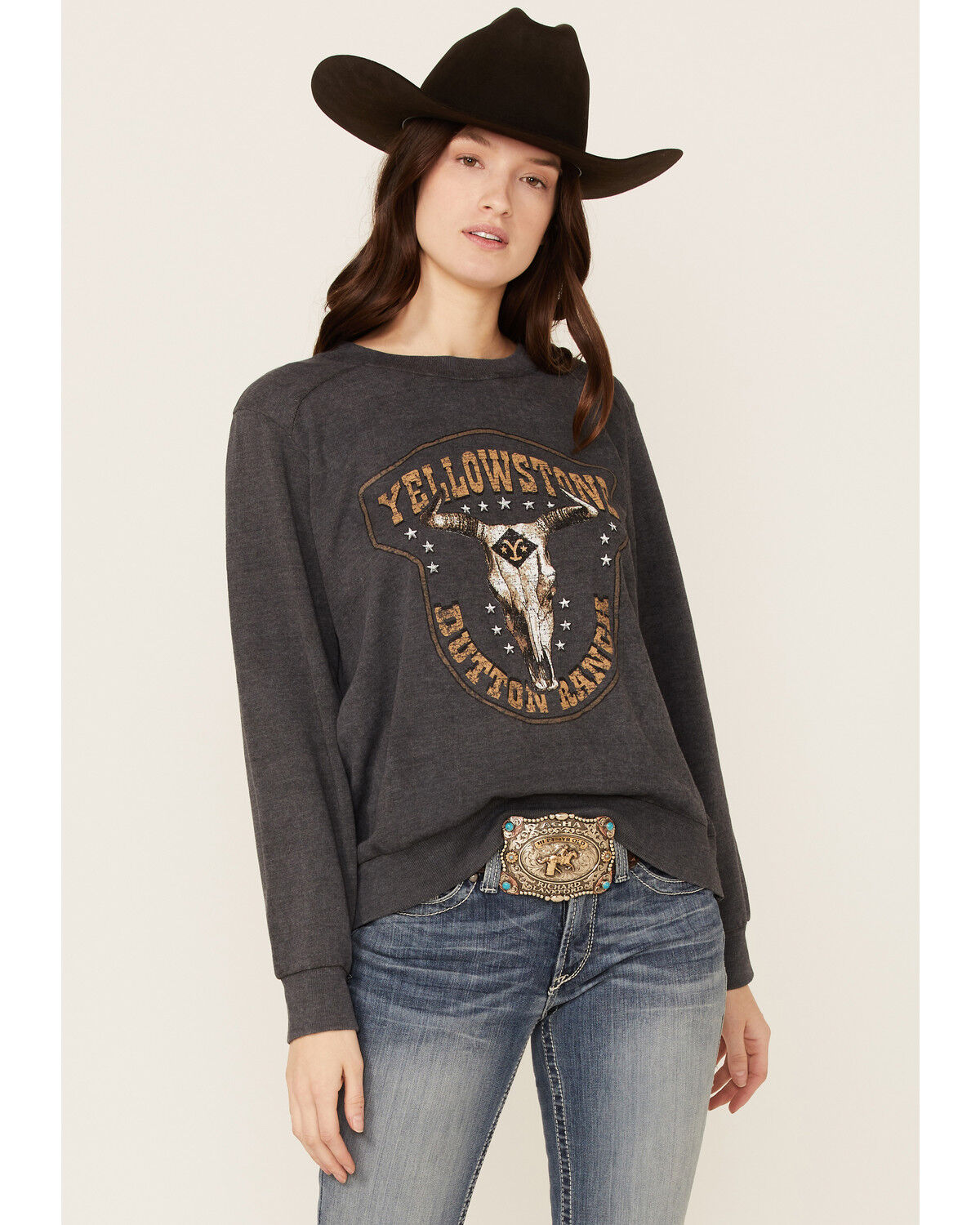 Image #1 - Paramount Network's Yellowstone Women's Charcoal Mineral Wash Steerhead Graphic Raglan Sweatshirt, , hi-res