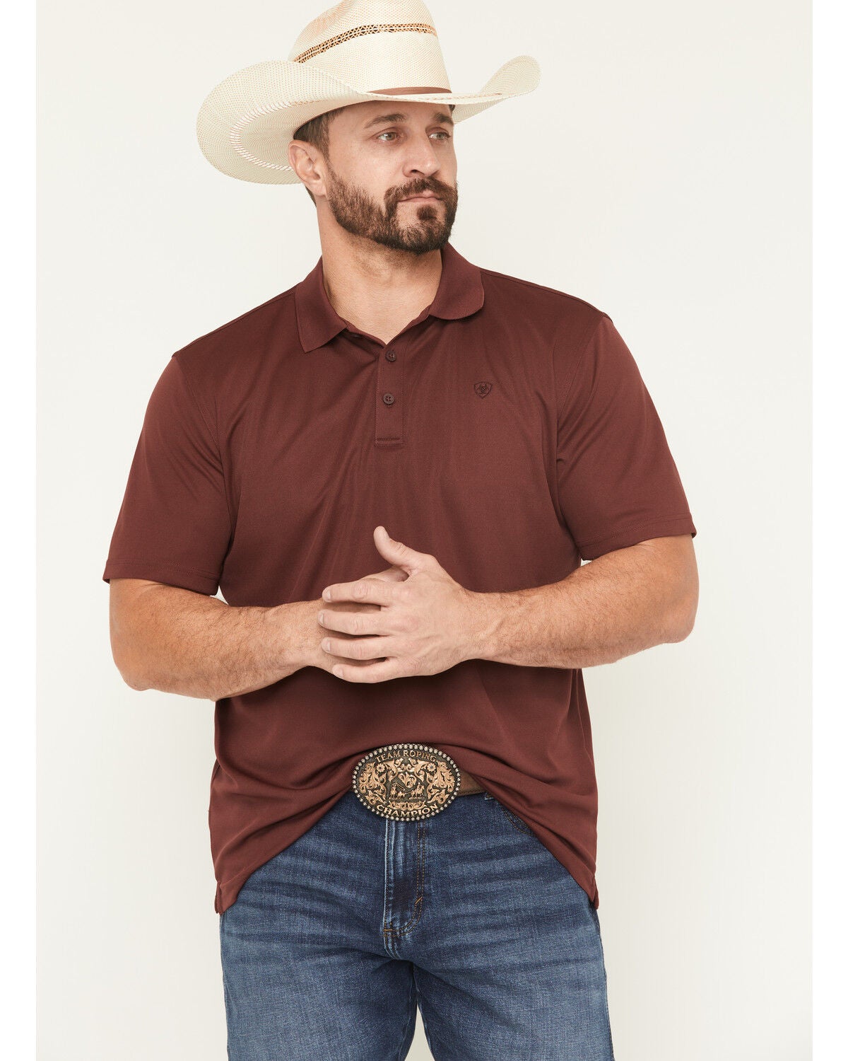 Ariat Men's TEK Solid Short Sleeve Performance Polo, Maroon, hi-res