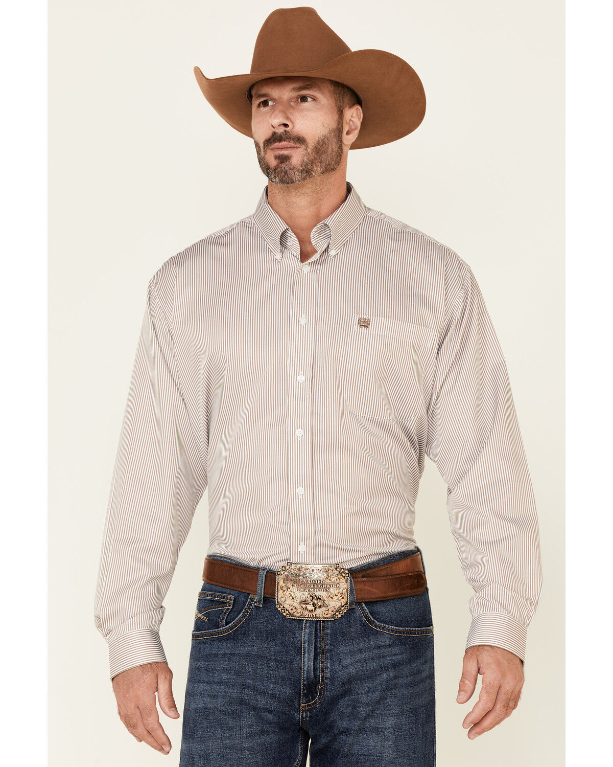 Image #1 - Cinch Men's Tencel Mini Stripe Long Sleeve Button-Down Western Shirt, Beige/khaki, hi-res