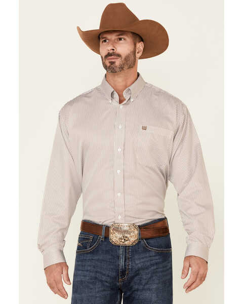 Cinch Men's Beige Tencel Stripe Long Sleeve Button-Down Western Shirt , Beige/khaki, hi-res