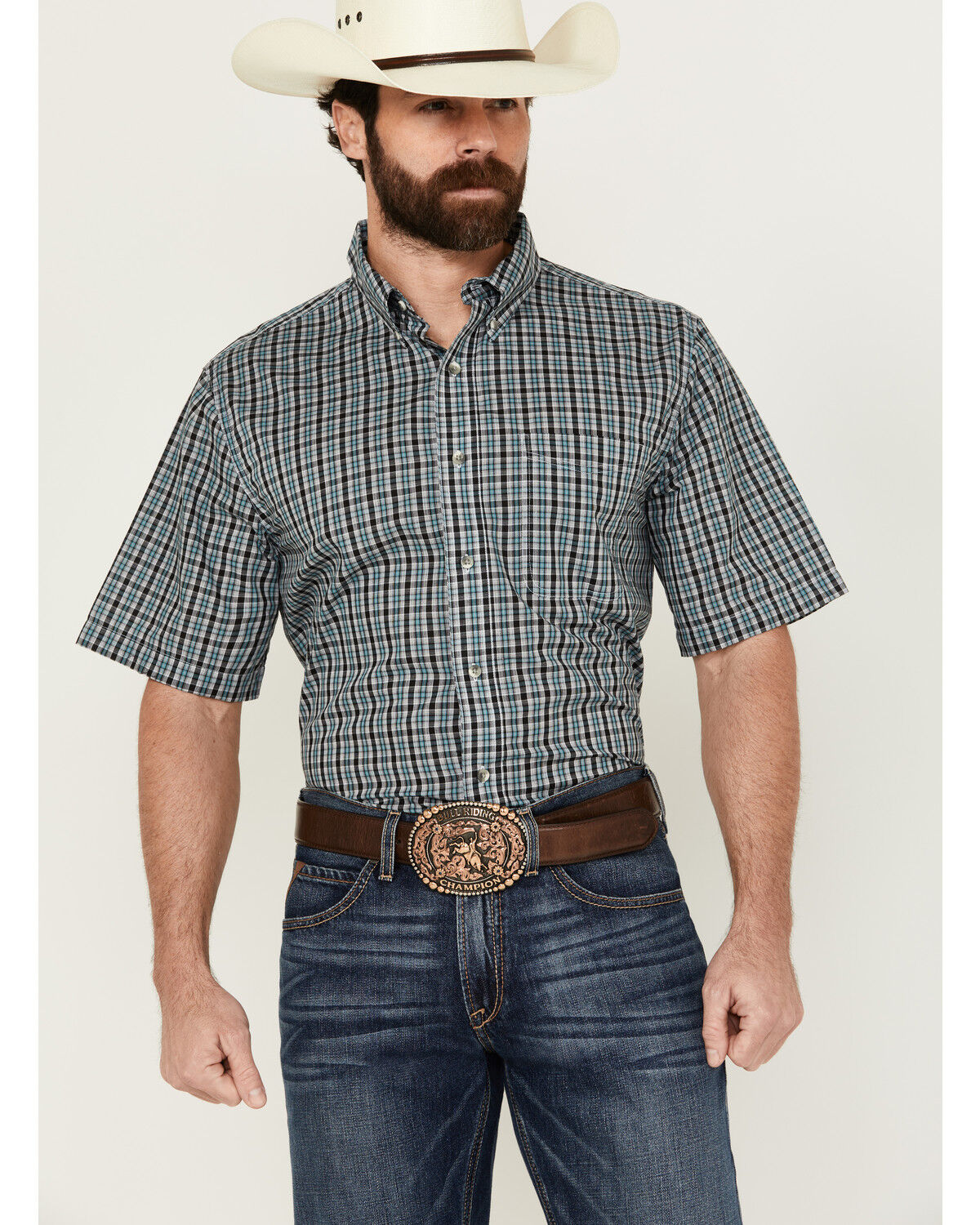 Image #1 - Wrangler Riata Men's Assorted Plaid Print Short Sleeve Button-Down Western Shirt, , hi-res