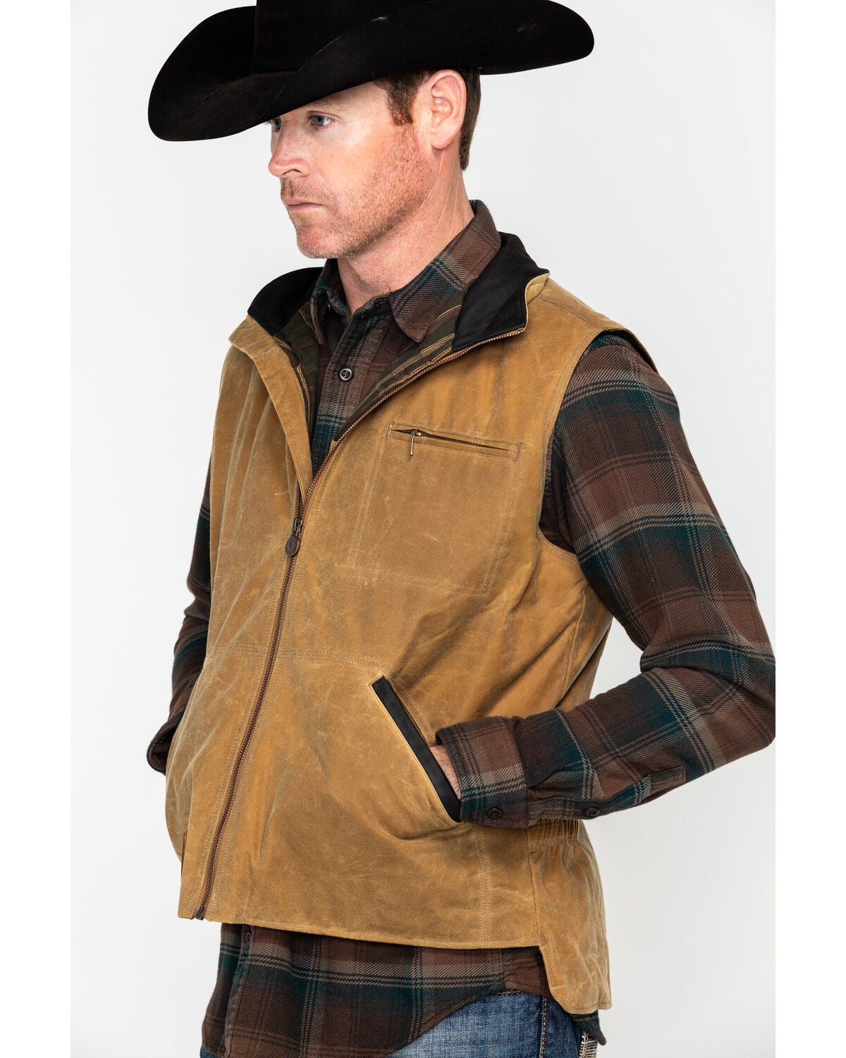 Outback Trading Co Men's Sawbuck Flannel Lined Oilskin Zip-Front Vest, Tan, hi-res