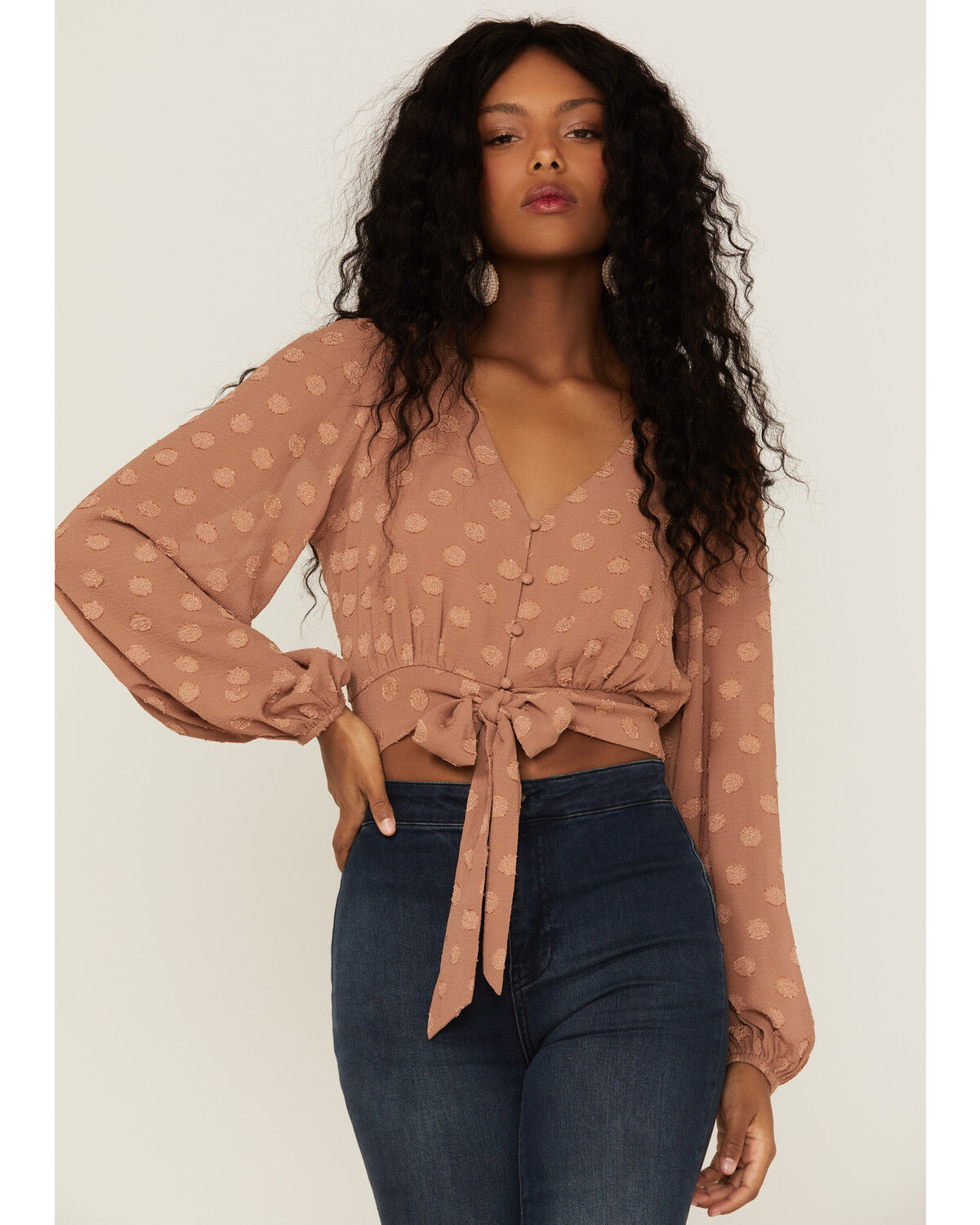 Image #1 - Lush Women's Tie Front Textured Dot Long Sleeve Blouse, Camel, hi-res