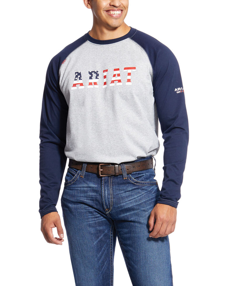 Ariat Men's Navy FR Stars & Stripes Logo Work Raglan T-Shirt - Tall , Navy, hi-res