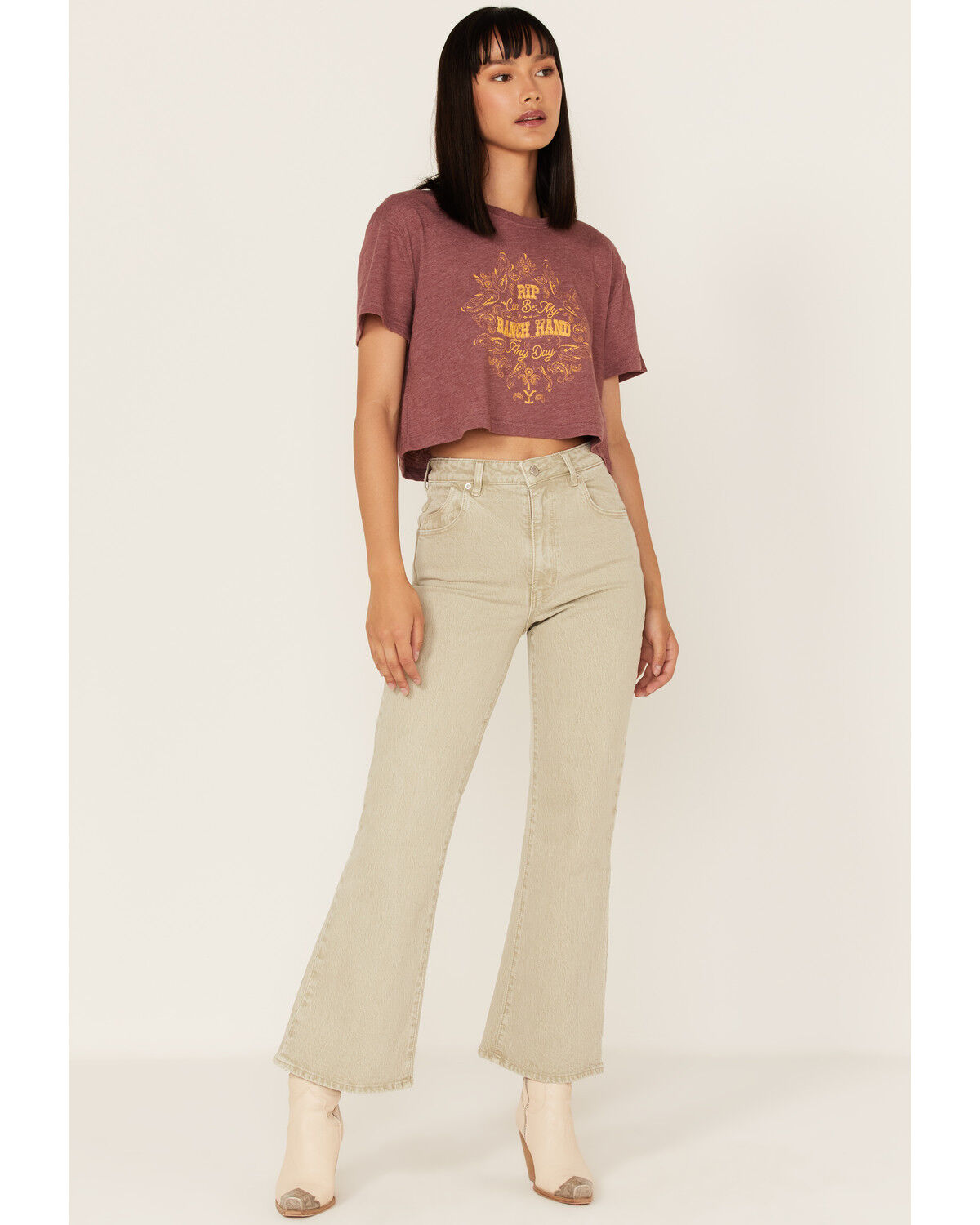 Image #2 - Wrangler x Yellowstone Women's RIP Can Be My Ranch Hand Cropped Graphic Tee, Burgundy, hi-res