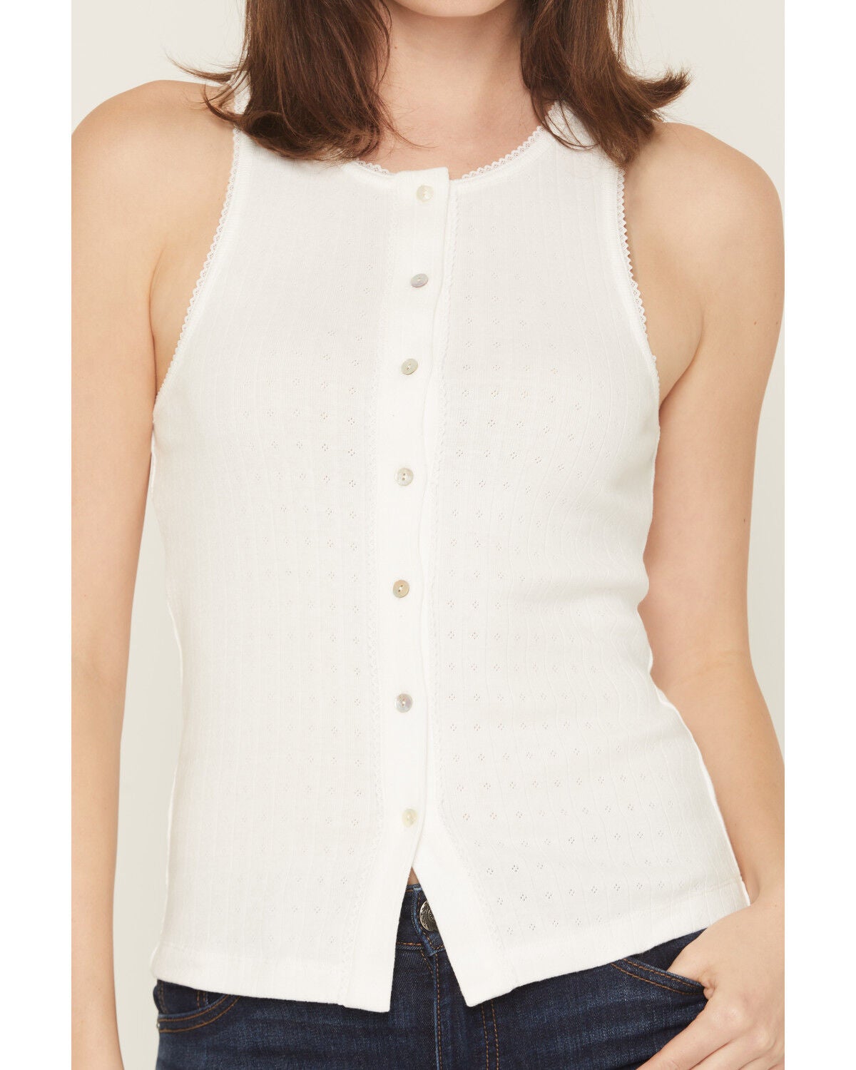 Image #3 - Blue Life Women's Evie Button-Up Pointelle Tank, White, hi-res