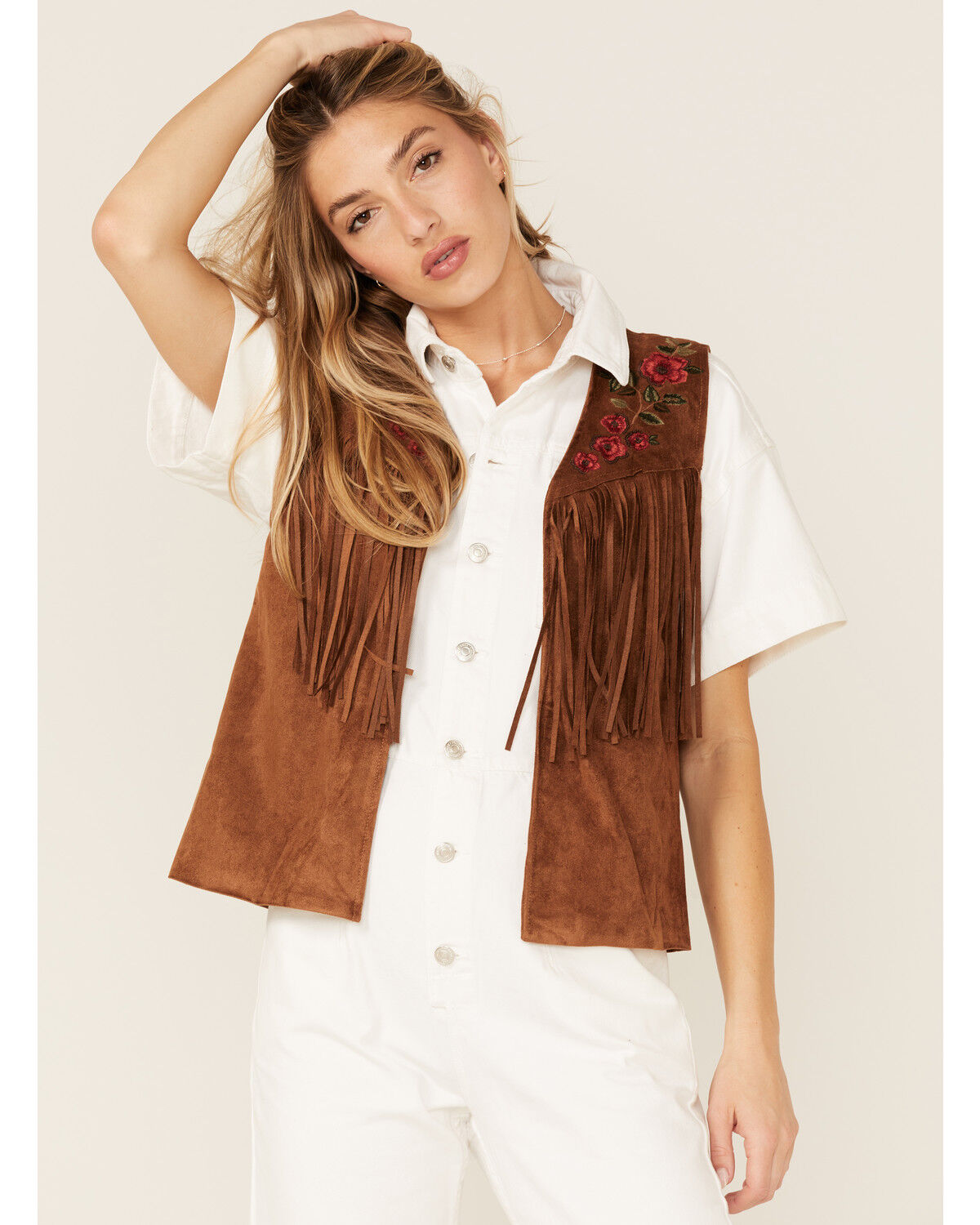 Image #1 - Maggie Sweet Women's Guajira Floral Fringe Vest, Tan, hi-res