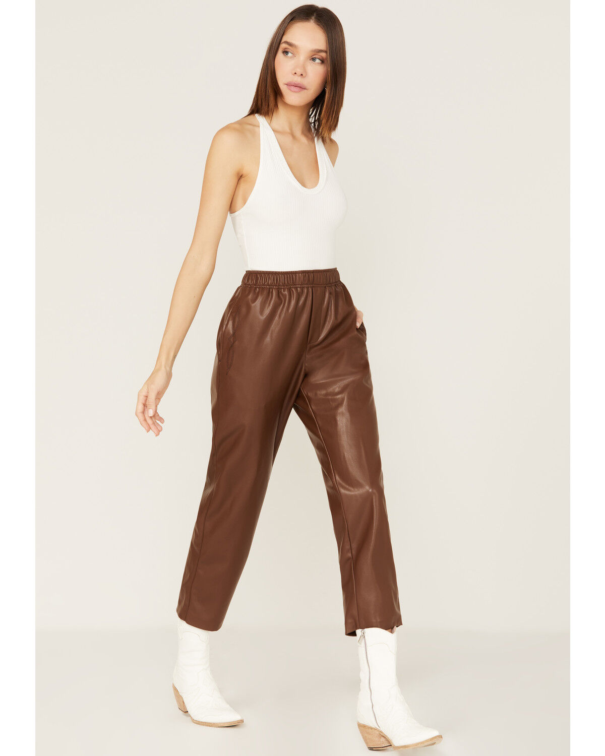 Image #1 - Ariat Women's Small Town Faux Leather Joggers, Brown, hi-res